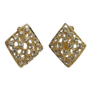 Crystal Diamond Shape Gold Tone Clip On Earrings